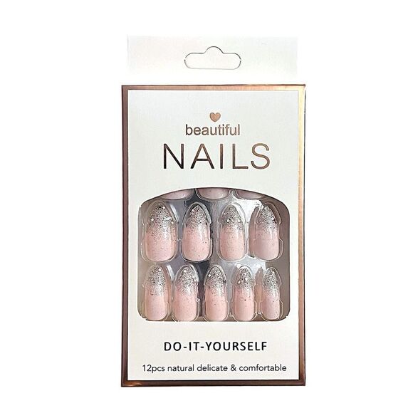 Press On Nails Medium Length In Light Pink And Silver Glitter Almond Shape NWT - Picture 1 of 2